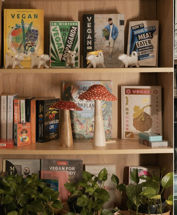 A shelf of vegan books with mushroom lamps and plants